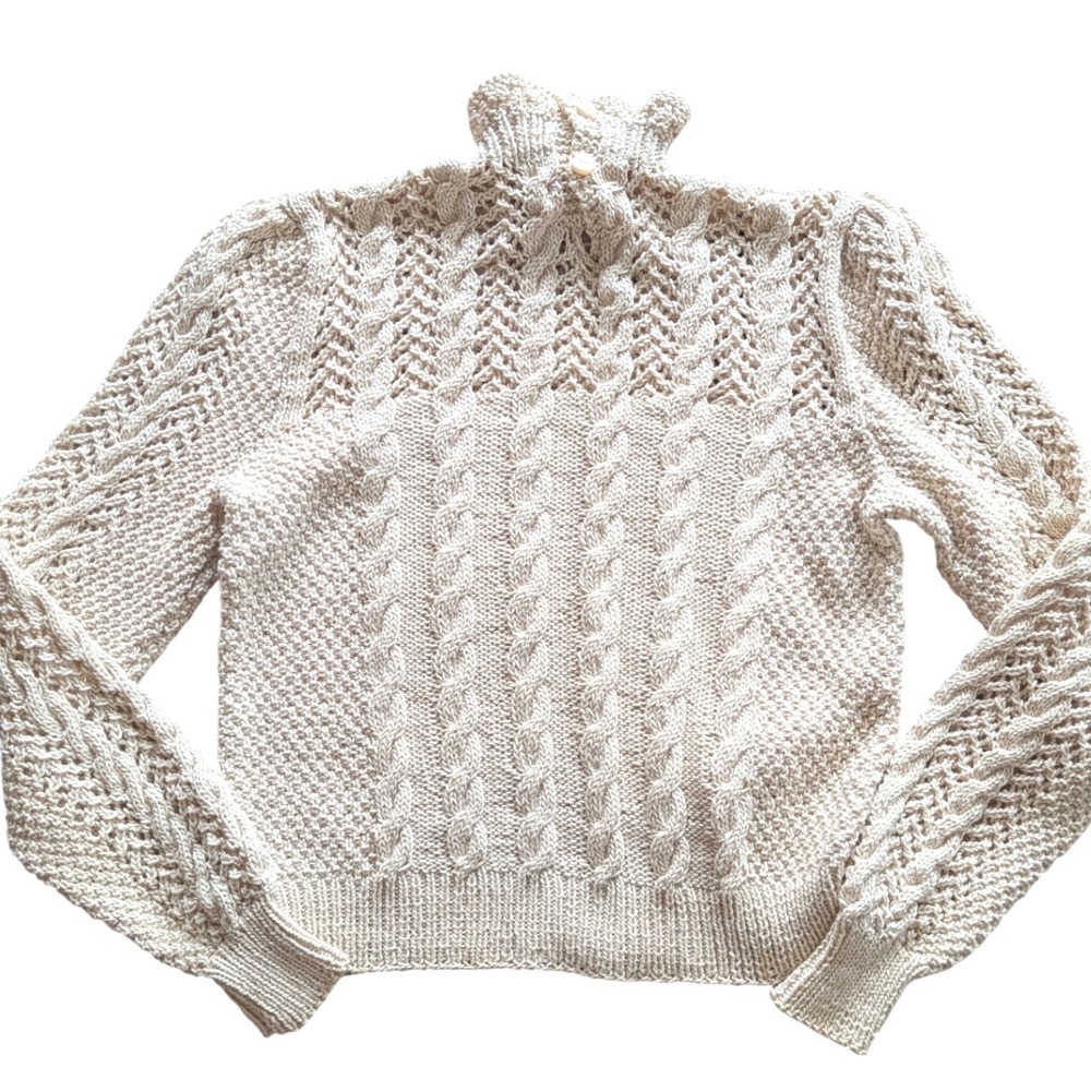 VTG Handmade Cream Cable Knit Ruffle Neck Sweater Pointelle Fisherman Regency S - Picture 2 of 6